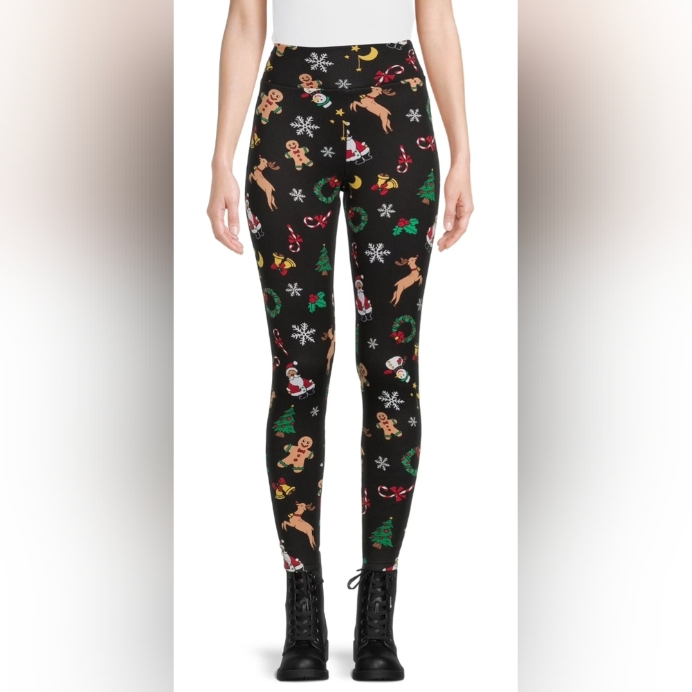 NWT No Boundaries Black High Waist Christmas Print Faux Fur Lined Leggings